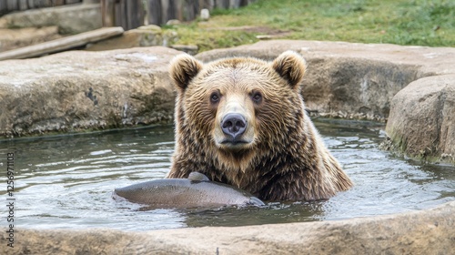 Grizzly bear catching fish in a serene zoo pond surrounded by natural habitat