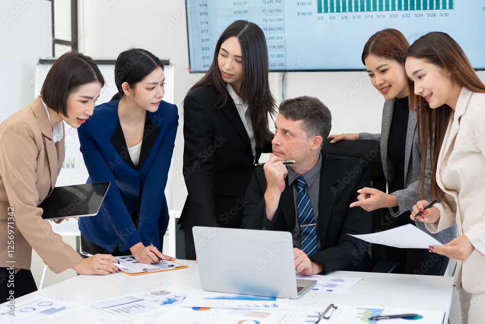 Business team brainstorming for planning strategies, laptop meeting with collaboration to present group project in office. Business team brainstorming for planning strategies, laptop meeting with collaboration to present group project in office.