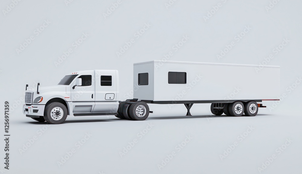Naklejka premium High-quality 3D side view render of a white truck with trailer, placed on a light gray background, clean and sharp.