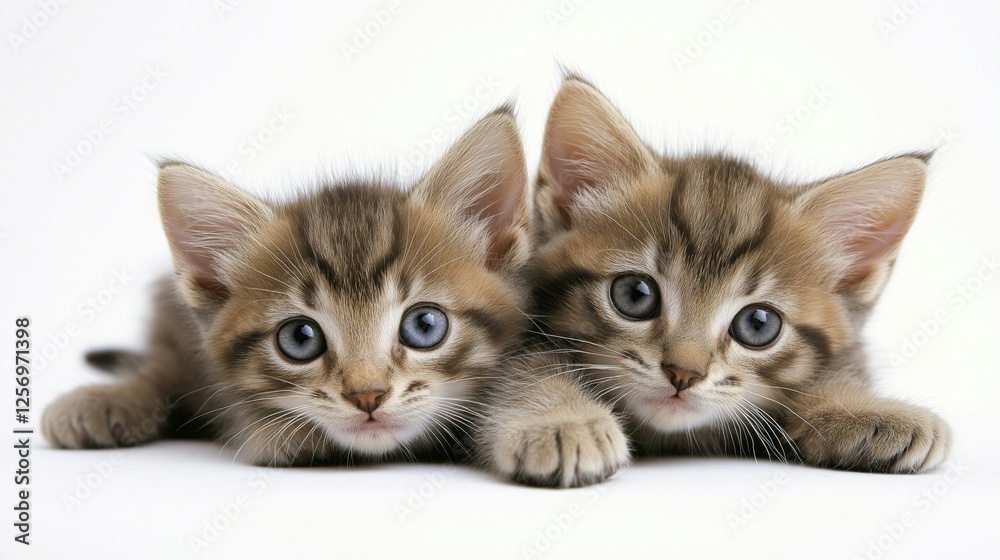 two small kittens lying down on a white background. The kittens are facing the camera and appear to be looking directly at the camera. They have gray fur with white stripes on their heads and tails. two small kittens lying down on a white background. The kittens are facing the camera and appear to be looking directly at the camera. They have gray fur with white stripes on their heads and tails.