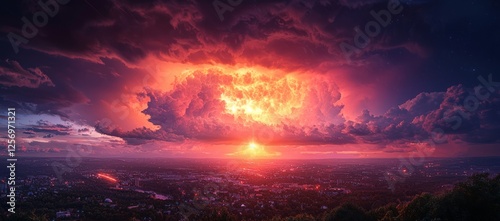 Dramatic sunset over city, fiery cloudscape. Background city lights. Wallpaper