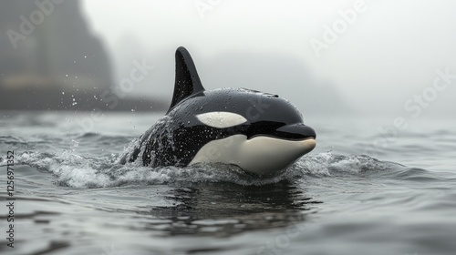 Majestic orca swimming gracefully through misty waters near rugged coastline at dawn
