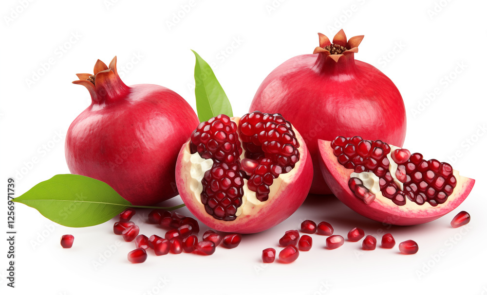 Fresh ripe pomegranate with green leaves isolated on white background. Fresh ripe pomegranate with green leaves isolated on white background.