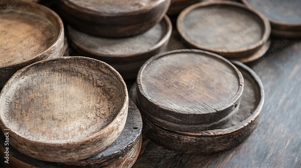 A set of rustic wooden plates arranged aesthetically on a textured surface : Generative AI A set of rustic wooden plates arranged aesthetically on a textured surface : Generative AI