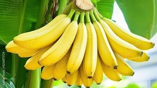 A vibrant bunch of ripe bananas hanging from a lush green plant in a tropical setting