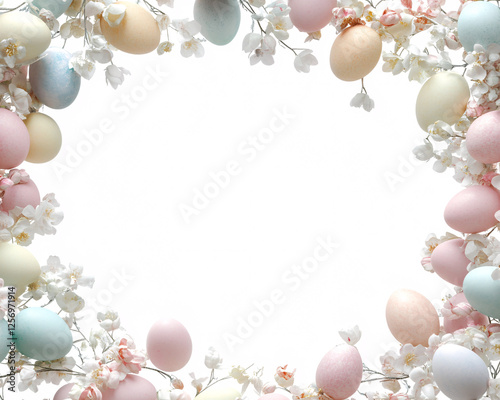 pastel easter eggs and blossoms frame isolated on white background for spring holiday design