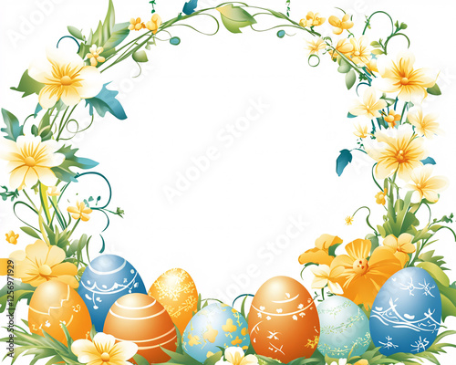 colorful easter eggs with yellow and blue flowers in a springtime frame design