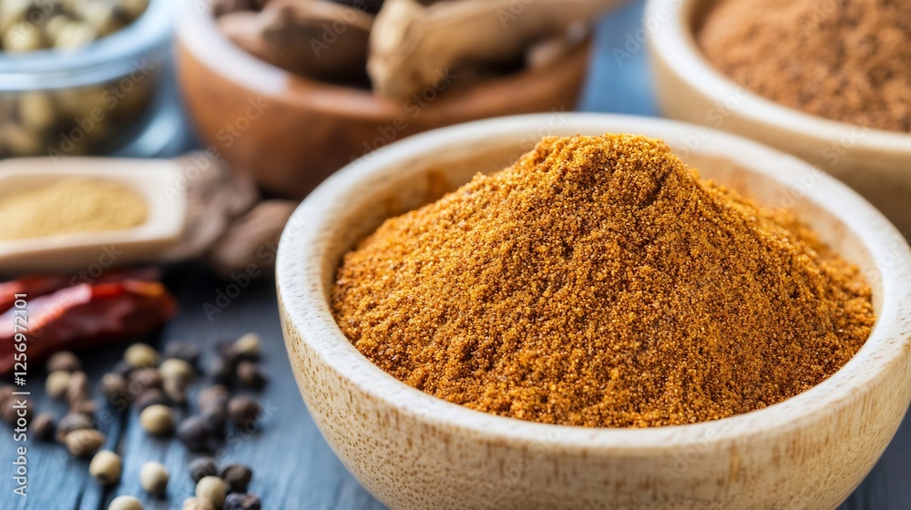 Natural Spices and Seasonings in Bowls Ready for Cooking in Wooden Kitchen : Generative AI Natural Spices and Seasonings in Bowls Ready for Cooking in Wooden Kitchen : Generative AI