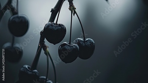 Dark, glossy cherries hanging from a branch against a blurred moody background, evoking nature's beauty