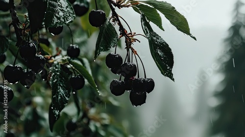 Dark cherries hanging from a branch in the rain, surrounded by a misty forest backdrop