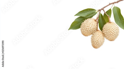 Close-up of unique spiky fruits hanging from a branch against a white background, showcasing nature's design