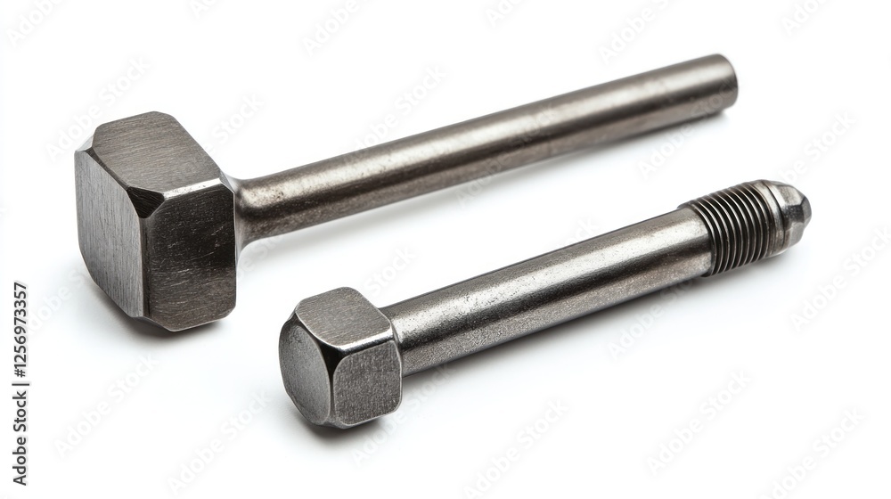 Two metallic square head bolts on white background; industrial parts Two metallic square head bolts on white background; industrial parts