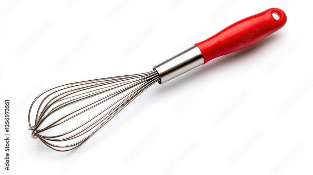 Red-handled whisk on white background; baking utensil Red-handled whisk on white background; baking utensil
