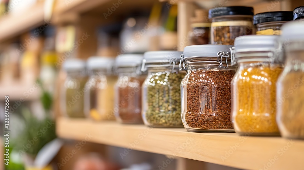 Variety of spice jars neatly organized in a modern kitchen showcasing culinary essentials : Generative AI Variety of spice jars neatly organized in a modern kitchen showcasing culinary essentials : Generative AI