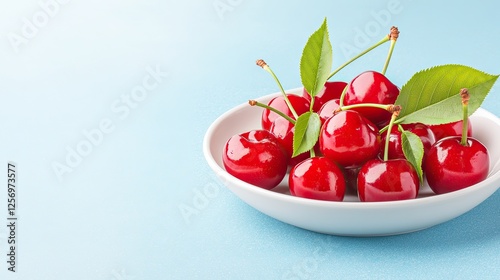 Fresh red cherries with green leaves in a white bowl on a light blue background