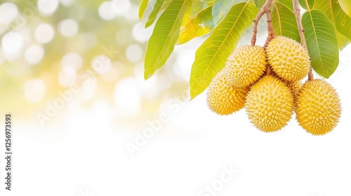 Cluster of ripe durian fruits hanging from green leaves against a soft blurred background