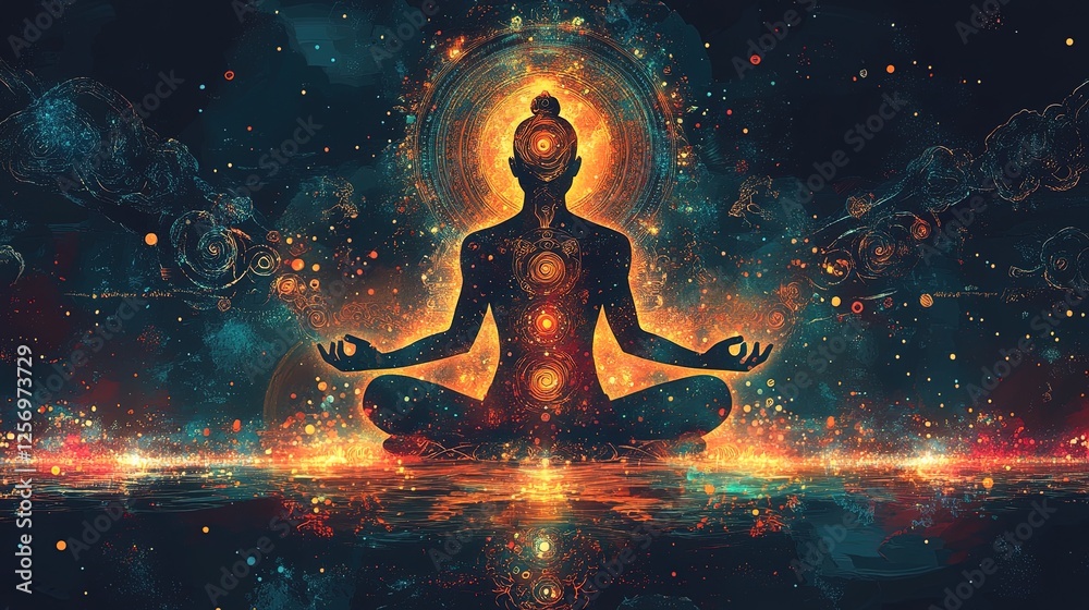 Obraz premium A spiritual glowing design of radiant meditation symbols with serene patterns