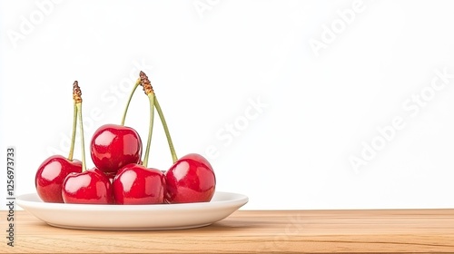 Fresh cherries arranged on a white plate atop a wooden table, with a minimalist background