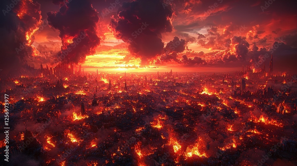 Naklejka premium Fiery Sunset Over Burning Cityscape