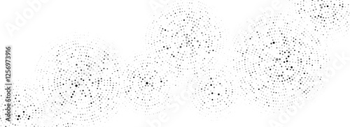Black dotted concentric circles pattern. Rippled sound wave rings background. Radial halftone abstract drops wallpaper. Circular particle texture for flyer, poster, presentation. Vector backdrop