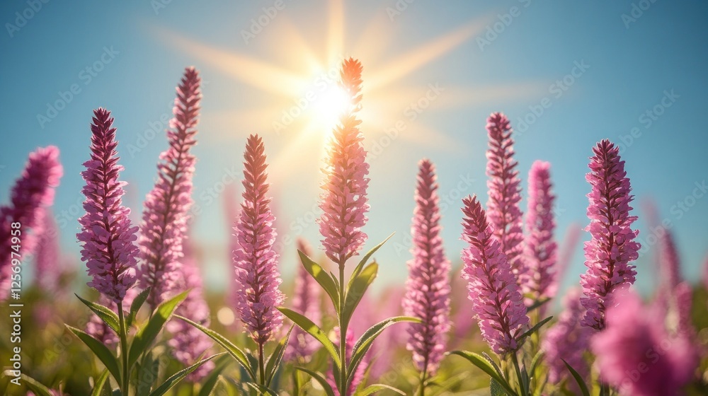 Obraz premium Vibrant field of pink flowers under a bright sun, showcasing nature's beauty and tranquility
