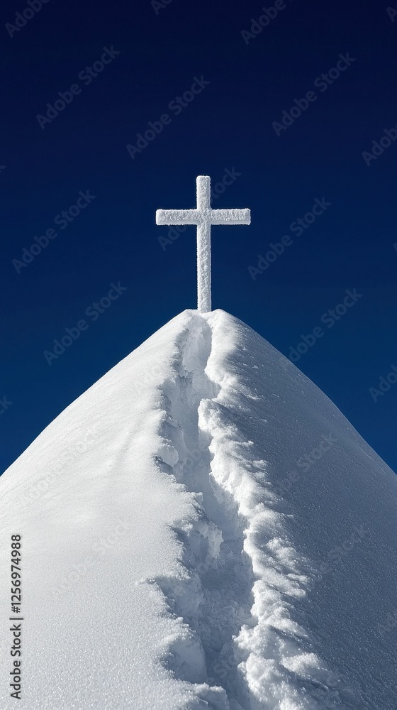 Snowy peak with a cross against blue sky. Snowy peak with a cross against blue sky.