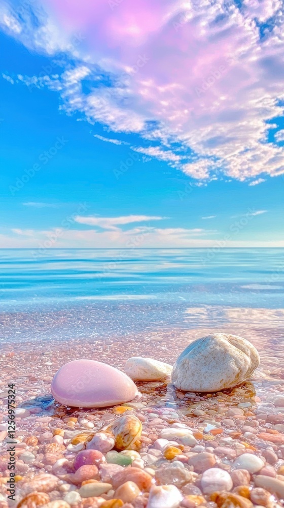 Pebbles on Beach Pink Sky Azure Water Seaside Serenity Pebbles on Beach Pink Sky Azure Water Seaside Serenity