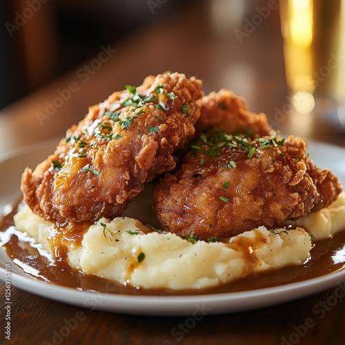 Crispy fried chicken, mashed potatoes, gravy, pub setting