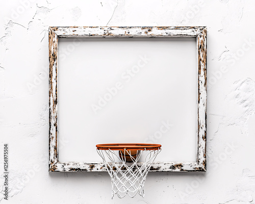 white rustic frame and basketball hoop with copy space  on a white wall