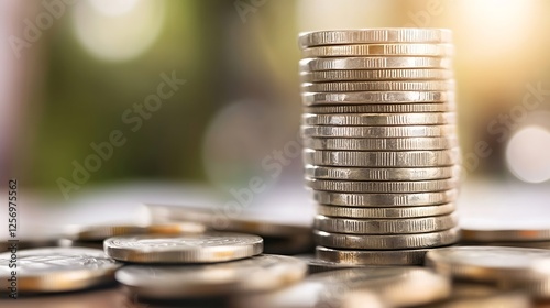 Close Up of Stacked Coins on a Table with a Soft Blurred Background Reflecting Wealth and Economy : Generative AI photo