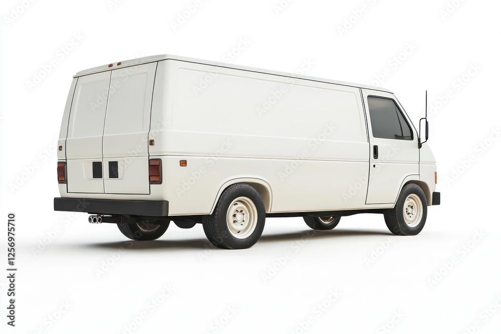 Rear-left view of a white delivery van, showcasing detailed, lifelike features in a realistic setting. Rear-left view of a white delivery van, showcasing detailed, lifelike features in a realistic setting.