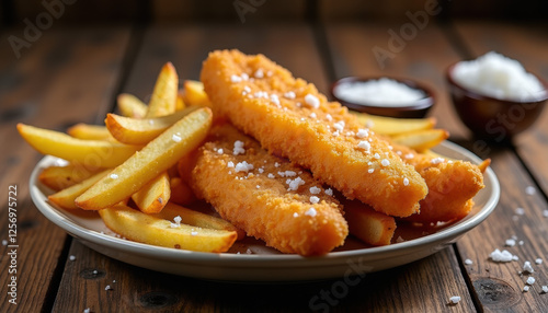 Golden Fish and Chips Served in Rustic Style with Lemon photo