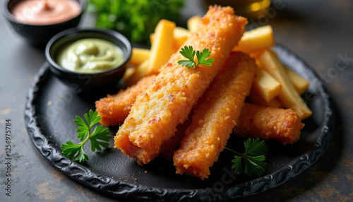 Fish and Chips with Fresh Herbs and Lemon Garnish photo