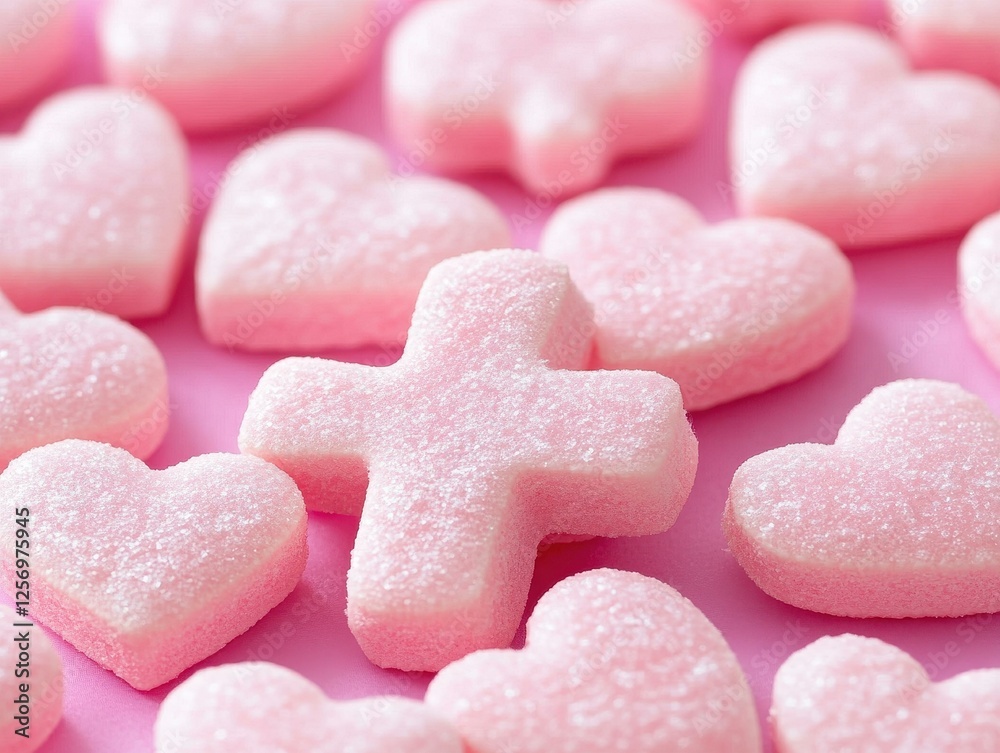 Obraz premium Pink Heart Shaped Candies and Cross on Magenta Surface