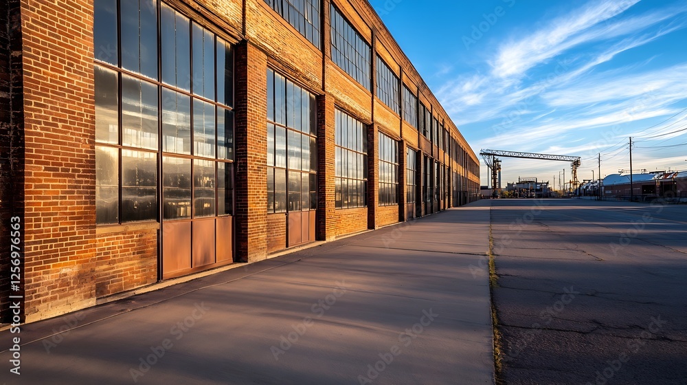 Industrial building with large windows and brick facade under a blue sky showcasing modern architecture : Generative AI Industrial building with large windows and brick facade under a blue sky showcasing modern architecture : Generative AI
