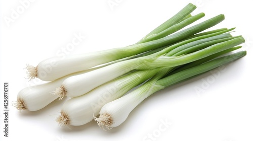 Fresh green onions arranged neatly on a white background, highlighting their vibrant colors and textures