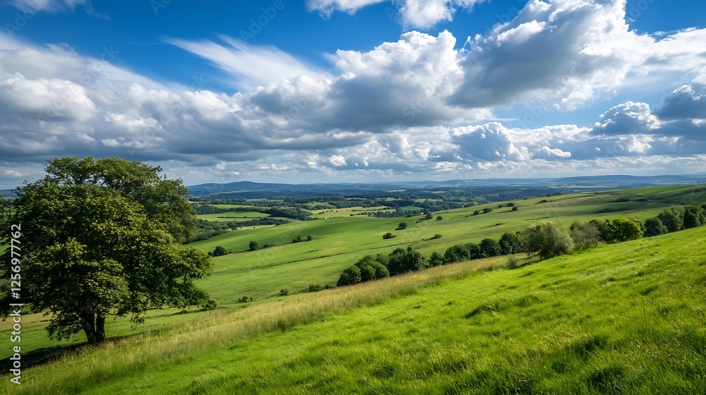 Fototapeta premium Expansive Green Pastoral Landscape under Blue Sky with Fluffy White Clouds : Generative AI