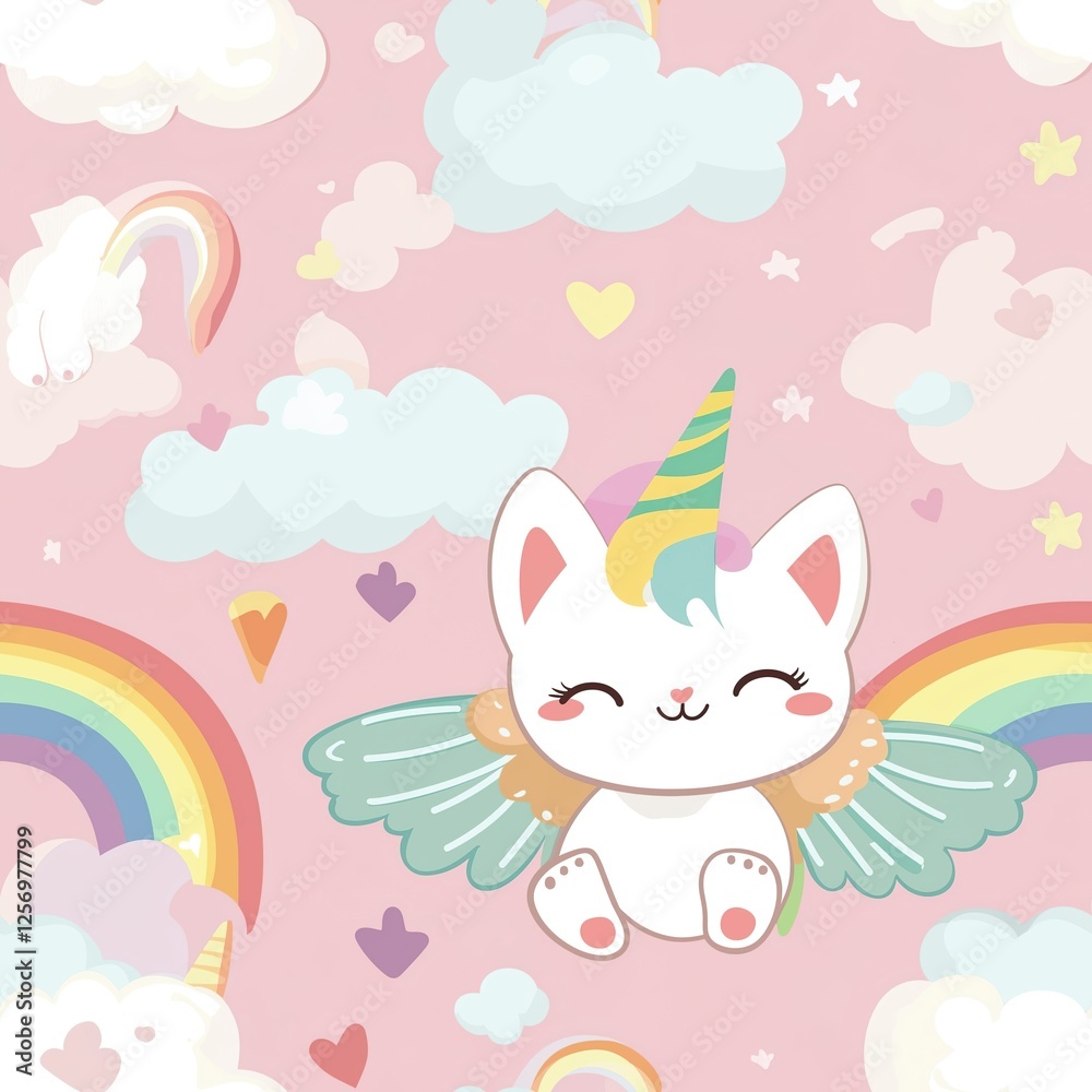 Unicorn cat with wings flying in the sky, with a rainbow and clouds with Pastel colors. Seamless pattern Unicorn cat with wings flying in the sky, with a rainbow and clouds with Pastel colors. Seamless pattern