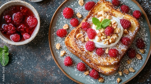 French Toast with Raspberries, Whipped Cream, and Hazelnuts on a Plate, with Raspberry Sauce photo