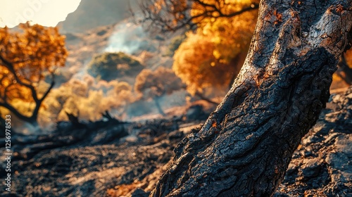 Charred tree trunk in a post-wildfire landscape with smoldering remnants and autumn foliage