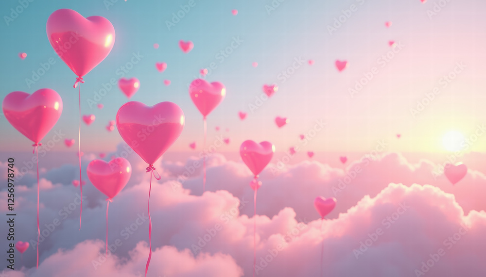 Soft Pink Heart Balloons in Evening Sky Soft Pink Heart Balloons in Evening Sky
