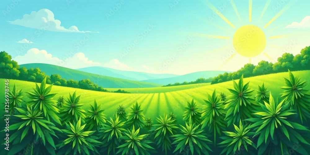 Fototapeta premium Serene Meadow Landscape Vibrant Green Field, Lush Foliage, Rolling Hills Under a Sunny Sky