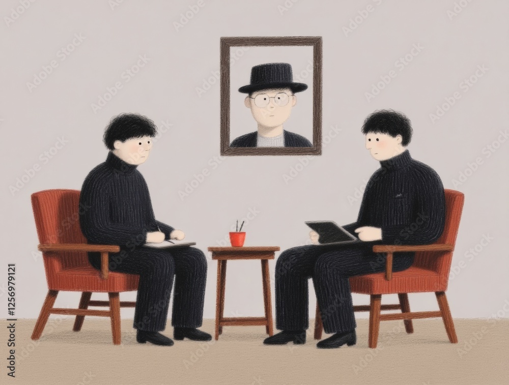 Two figures sitting on chairs, engaged in a conversation with a portrait hanging on the wall in the