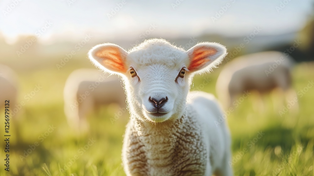 Fototapeta premium Adorable young lamb with fluffy wool and curious expression standing in a sunny green field : Generative AI