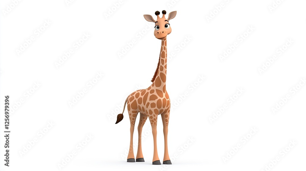 Obraz premium Cartoon giraffe standing upright, showcasing its long neck and playful expression in a simple background