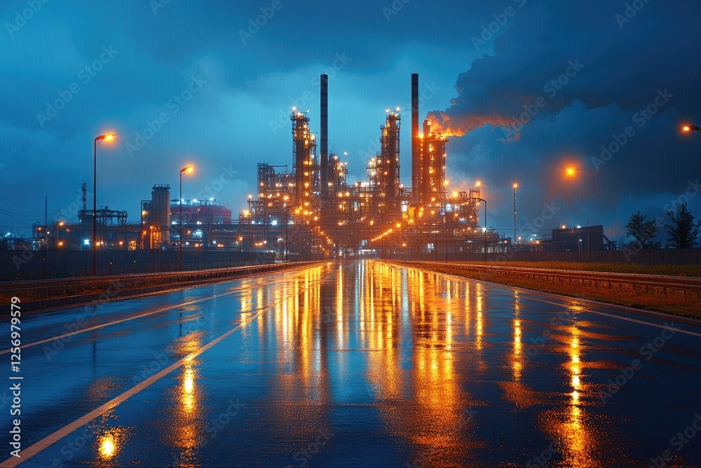 Industrial Power Plant Illuminated at Night with Dramatic Reflections on Wet Road Industrial Power Plant Illuminated at Night with Dramatic Reflections on Wet Road