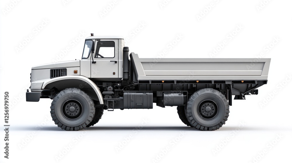 White Dump Truck Side View, Isolated on White Background, for Industrial Use White Dump Truck Side View, Isolated on White Background, for Industrial Use