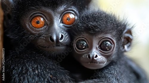 Close-up of a mother and baby monkey embracing, showcasing their expressive eyes in a natural habitat