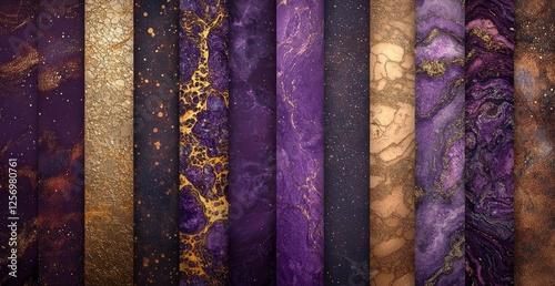 A vibrant collection of textured purple and gold backgrounds showcasing luxurious patterns