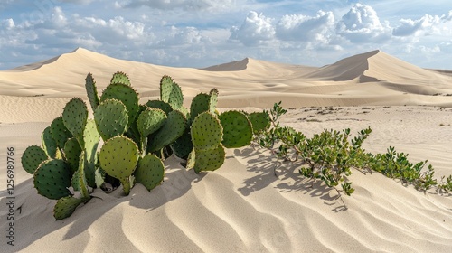 Lush cactus plants thrive amidst golden sand dunes under a dramatic sky in a desert landscape